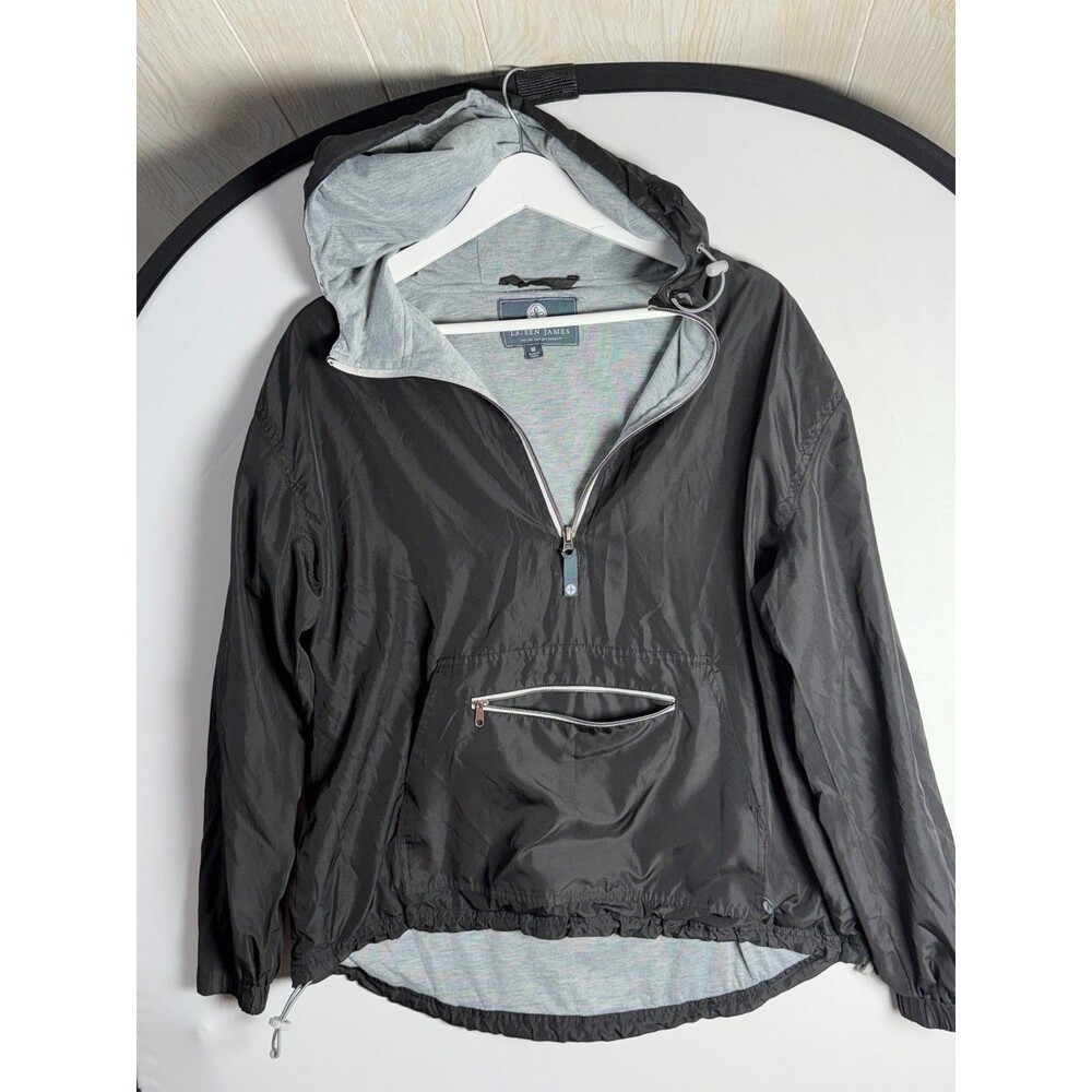 Lauren James Black 1/4 Zip Pullover Windbreaker Hooded Jacket with Pockets Med